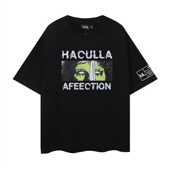 Haculla Black Short Sleeved Shirt With Green Lettering Pattern - Picture 1 of 12